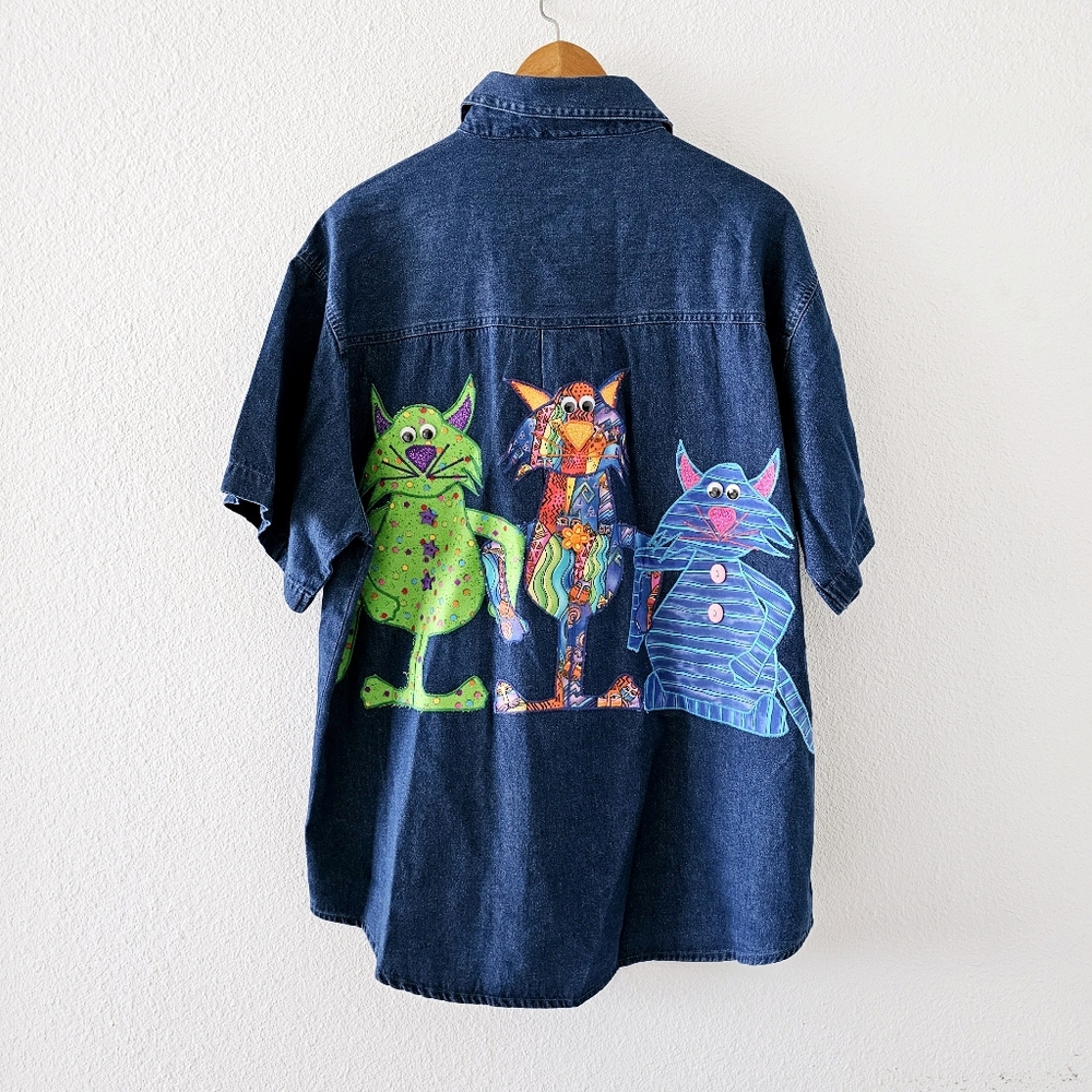 Vintage Haiks crazy cats denim blouse size L embroidered embellished - Picture 10 of 16